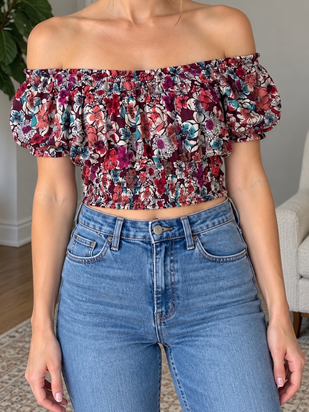 Band of Gypsies Burgundy Floral Off-Shoulder Crop Top
